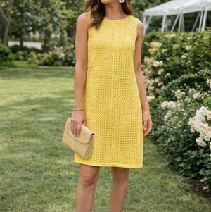 ALFRED SUNG Yellow Textured Sleeveless Shift Dress Eyelet Overlay Chic